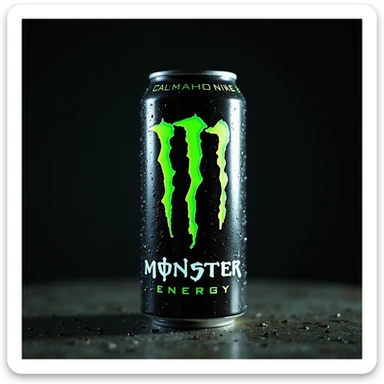 photorealistic monster energy drink can with metallic texture and condensation droplets, neon green logo, on a dark background sticker