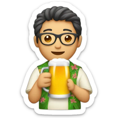 Japanese wearing roundglasses alohashirt is holding beer sticker