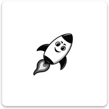 A hand-drawn toy rocket with a silly grinning face and flame trail sticker