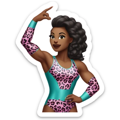 Tall blonde Caucasian muscular woma with teal eye shadow n wrestler wearing a pink leopard print leotard blowing a kiss sticker