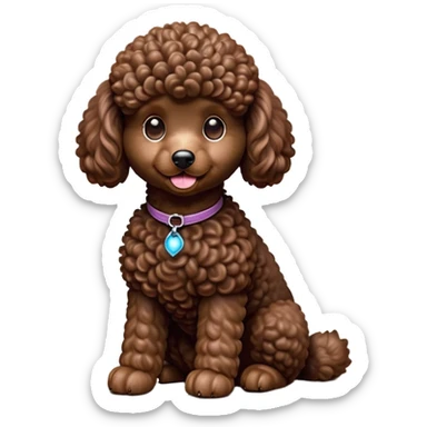cinematic-[poodle]-realistic-full-body-sitting-emoji,-tail-resting-loosely-beside-its-paws,-head-tilted-dramatically, -curly-[chocolate]-fur,-simplified-yet-realistic-focused-features,-highly-detailed,-glowing-with-an-almost-sarcastic-glow sticker