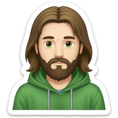 Long haired, bearded man with green hoodie sticker