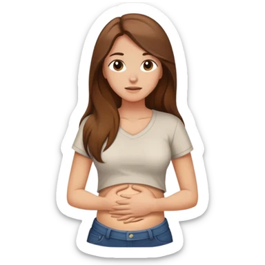 Crying woman with long brown hair rubbing stomach with shirt on sticker