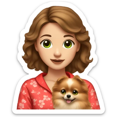 light-skinned-girl-with-brown-hair-and-green-eyes-in-red-pajamas-petting-pomeranian sticker