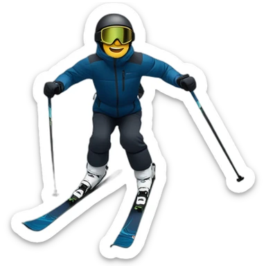 male skier wearing a black helmet, tinted visor glasses, a navy blue jacket, black pants with an eagle flying overhead sticker