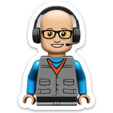 LEGO customer service bald men with headset with red shirt sticker