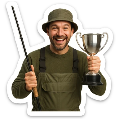 a male fisherman holding a large trophy cup, cheerful expression, clear details sticker