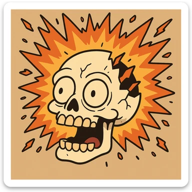 cartoon style exploding skull with saturated colors and bold black lines sticker