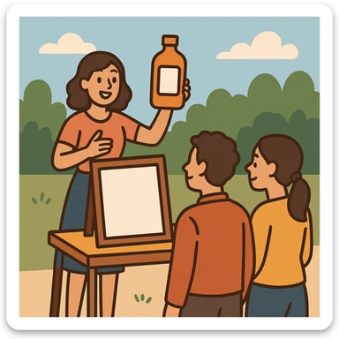 flat toon style woman promoting a product to customers outdoors sticker