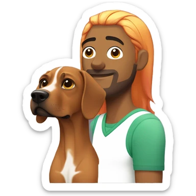 white male with long rainbow colored hair standing alongside a brown rhodesian ridgeback sticker