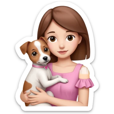 Joven mujer pelo marron vestida de rosado abrazando a su perro color beige crema que es un estilo de jack russel sticker