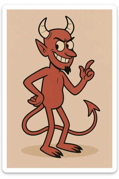 a devil character, classic red skin, horns, mischievous grin, tail, cartoon style sticker