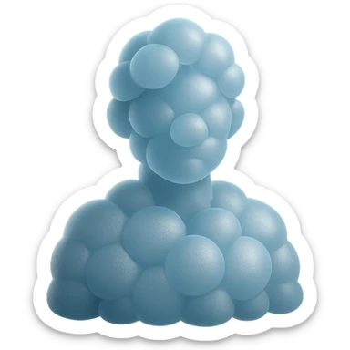 person from shoulders up, front view, fully composed of bright convex clouds, matte glass style sticker