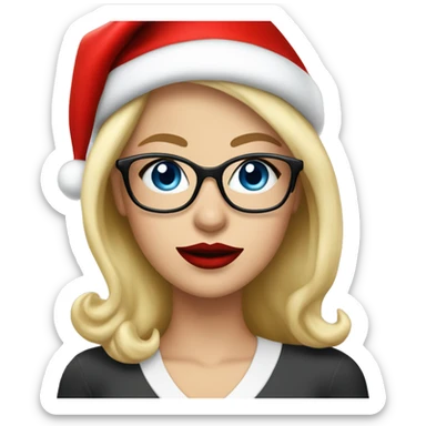 Beautiful blonde woman, blue eyes wearing santa hat and glasses and red lips  sticker