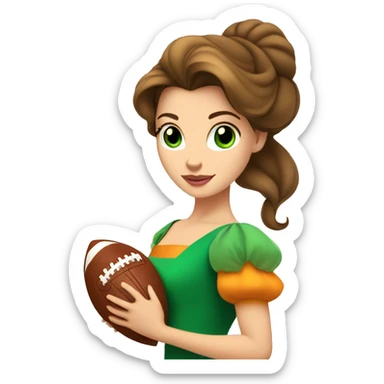White Disney princess Belle with green eyes in orange dress holding a football sticker