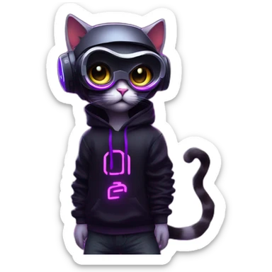 cat wearing a black hoodie with "OMG" letters on it and VR headset in a cyberpunk VR environment with violet neon lighting. sticker