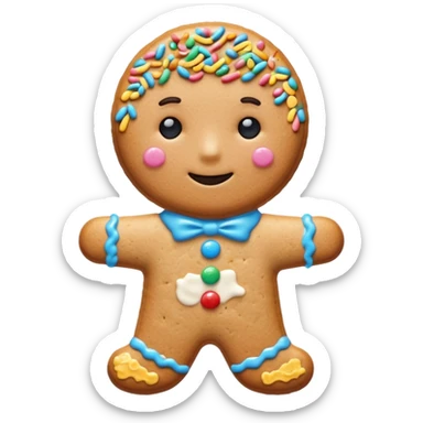 {
    "type": "object",
    "look": "frosted cookie man, colorful sprinkles, glossy icing top, front view",
    "description": "a sweet cookie man covered with frosting and rainbow sprinkles"
  } sticker
