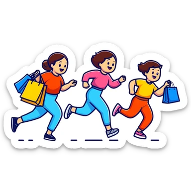 shoppers running with the salesgirl, bright colors and playful expressions sticker