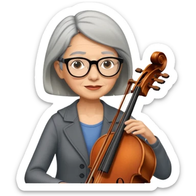 an emoji of my mum playing the cello, she has short black-ish gray hair, wears glasses, she is small sticker