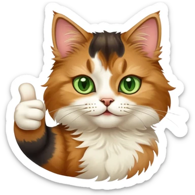 tricolor fluffy cat with big green eyes giving thumbs up sticker