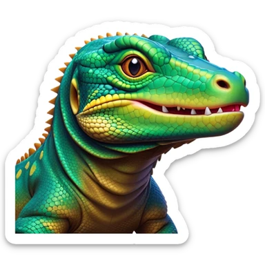 Cinematic Cute Komodo Dragon Lizard Portrait Emoji, Head tilted playfully and inquisitively, with a sleek, scaled form accented by vibrant hues and curious, sparkling eyes, Simplified yet irresistibly adorable features, highly detailed, glowing with a warm, lively glow, high shine, affectionate and spirited, stylized with a touch of exotic charm, bright and endearing, soft glowing outline, capturing the essence of a mischievous yet captivating lizard that seems poised to scurry out of the screen into your heart! sticker