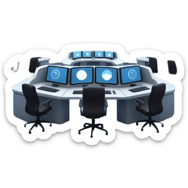 Cinematic mission control center, massive curved video walls with complex telemetry and glowing data visualizations, symmetrical high-tech workstations, dim blue and amber ambient lighting, sharp focus, hyper-realistic, atmosphere of absolute precision. sticker