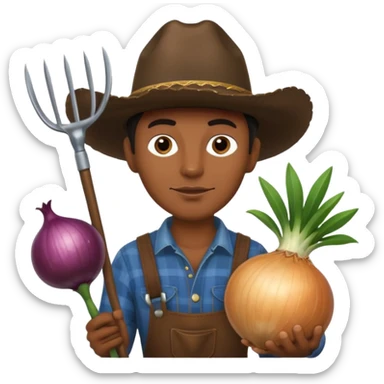 A black cowboy holding a gardening hoe and a large onion sticker