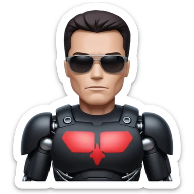 Schwarzenegger-like Terminator, upper body only, wearing his iconic clothes in black (all clothes must be black), looking human but with robotic details, and wearing dark sunglasses, hair must be dark
 sticker