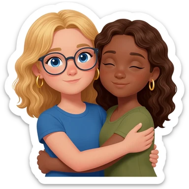 tan girl with blond wavy hair blue eyes no glasses age 10 gold hoop earrings wearing a blue top with an olive skin girl with brown wavy hair no glasses small gold hoop earrings hugging each other sticker