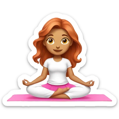 Girl with medium length wavy copper hair wearing white shirt and pink skirt doing yoga on pink yoga mat sticker