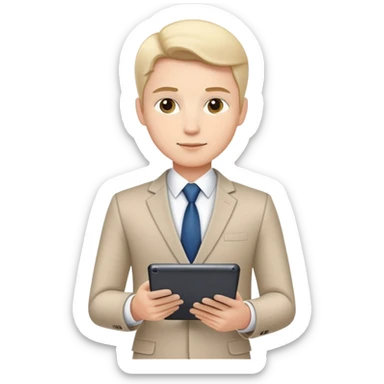 business executive confidently, holding a digital tablet or folder, wears smart business attire sticker