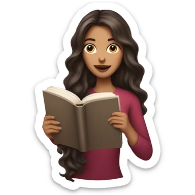 brunette long wavy hair woman biting lip while holding and reading book sticker