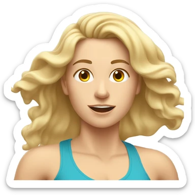 White woman, long hair, blonde hair, wavy hair, treadmill, sweating sticker