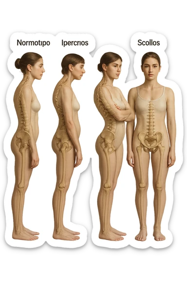 fai un immagine identica che riguarda 3 posture scorrette: scoliosi, ipercifosi e iperlordosi. falla iperrealistica anatomica in 4k con spina dorsale storta in evidenza su ogni figura sticker