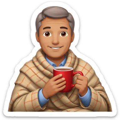 Cozy handsome middle aged man sitting next to a nice fireplace with a hot apple cider, blanket, and plate of chocolate cookies. sticker
