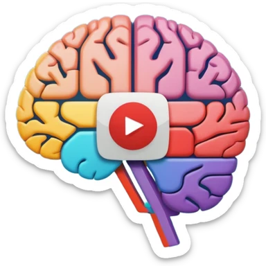 Stylized brain illustration with YouTube logo elements integrated, neural network nodes forming play button shape, digital art style, vibrant color palette, professional icon design, square format sticker