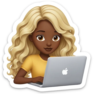 beautiful girl, with long blonde hair, wavy hair, dark skin with laptop sticker