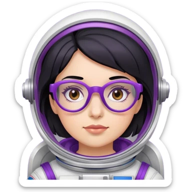 female astronaut with black hair brown eyes and purple glasses sticker