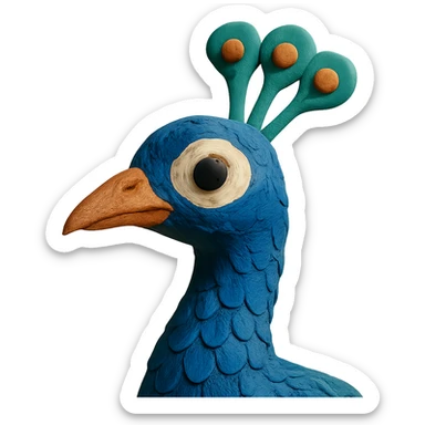 close-up of a peacock's head and neck, soft lighting, detailed feathers, claymation style sticker