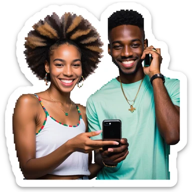 Afro-Caribbean woman smiling, holding iPhone, sending footage to a Black man with a skin fade, both smiling sticker