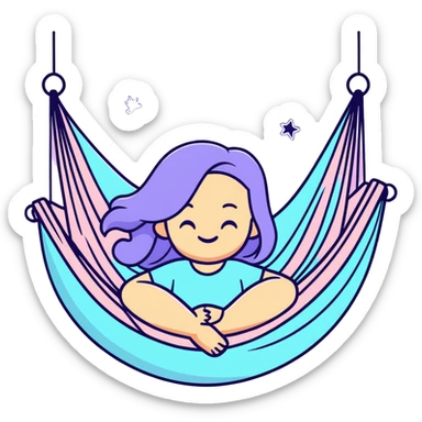 cartoon emoji of a sensitive girl with long hair, strong outline, expressive face, pastel tones, subtle Pisces accent, silly expression, hint of yoga hammock, stars, magical and light-hearted sticker