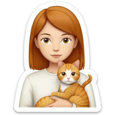 Straight short hair ear length in dark brown , skin tone honey . holding one ginger cat and one yellow white cat same size  sticker