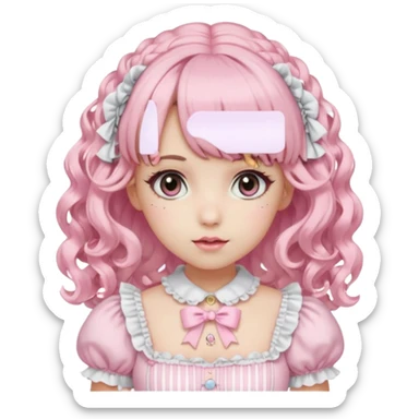 pale girl, curly blonde and pink hair, bangs, grey eyes, doll makeup, wearing a frilly light pink lolita hime gyaru dress, emoji style sticker