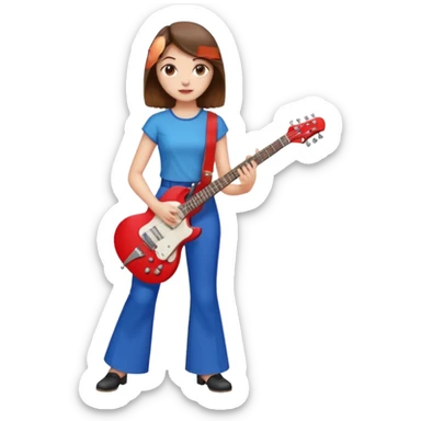 Girl with brown hair with blue flared pants and a red top planning on an red and white electric guitar vintage vibe sticker