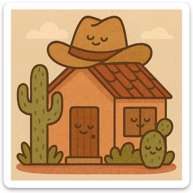 A modern home with a cowboy hat on the roof, cacti in front, Texas vibe sticker