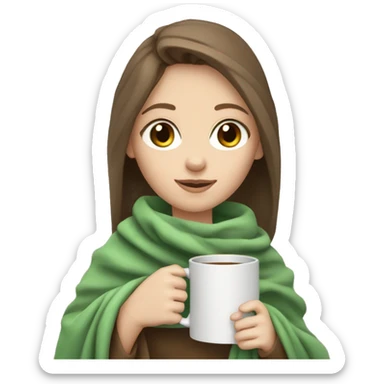 girl holding mug while wrapped in blanket green eyes brown hair pale skin sticker