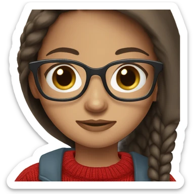 girl, white light skin, long straight dark brown hair, light blue eyes, dark red sweater, glasses, sticker
