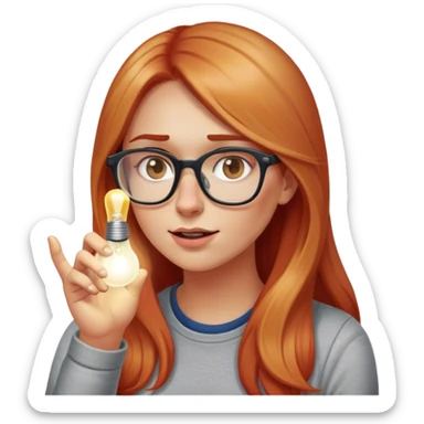 intelligent and clever, 30 year old, girl, long red and almost blond hair, glasses, has an idea, rubs her finger on the nose, light bulb over the head, casual cloth  sticker