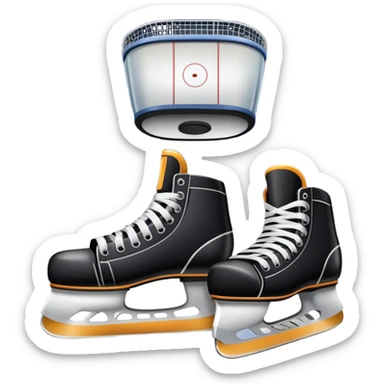 Please, make An icon featuring The background shows a packed stadium with cheering fans, bright arena lights, and an icy rink and close-up shots of key hockey equipment: a hockey stick, puck, and skates. Transparent background highlights the essentials of the game and the thrill of the sport. sticker