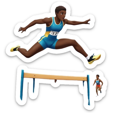 An icon of an athlete soaring over a hurdle, mid-jump, with a powerful form. The background features a vibrant stadium, with the track and hurdles in sharp focus, and a cheering crowd along the stands. The motion of the jump emphasizes speed and agility. Transparent background. sticker